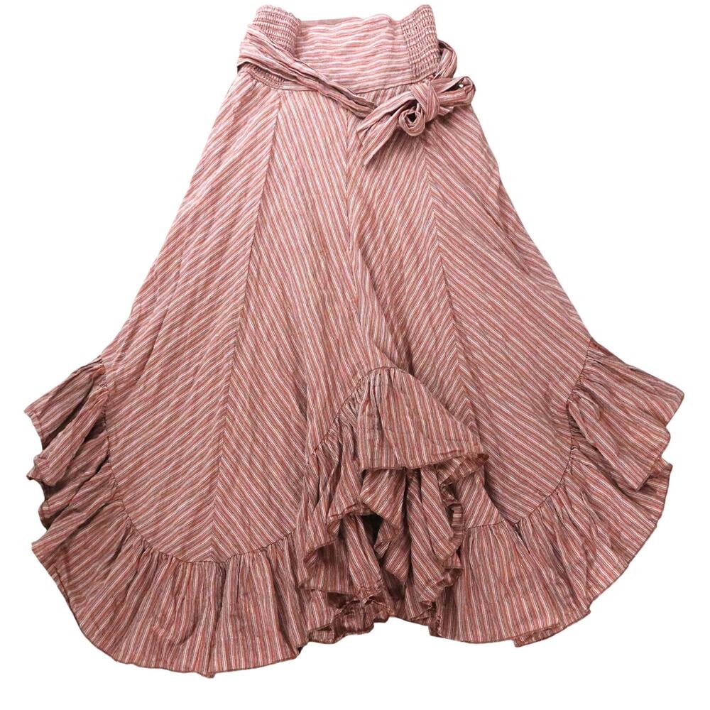 Malibu Bum Cotton Midi Maxi Skirt Smocked Waist Bow Tie Ruffle Asymmetric Hem